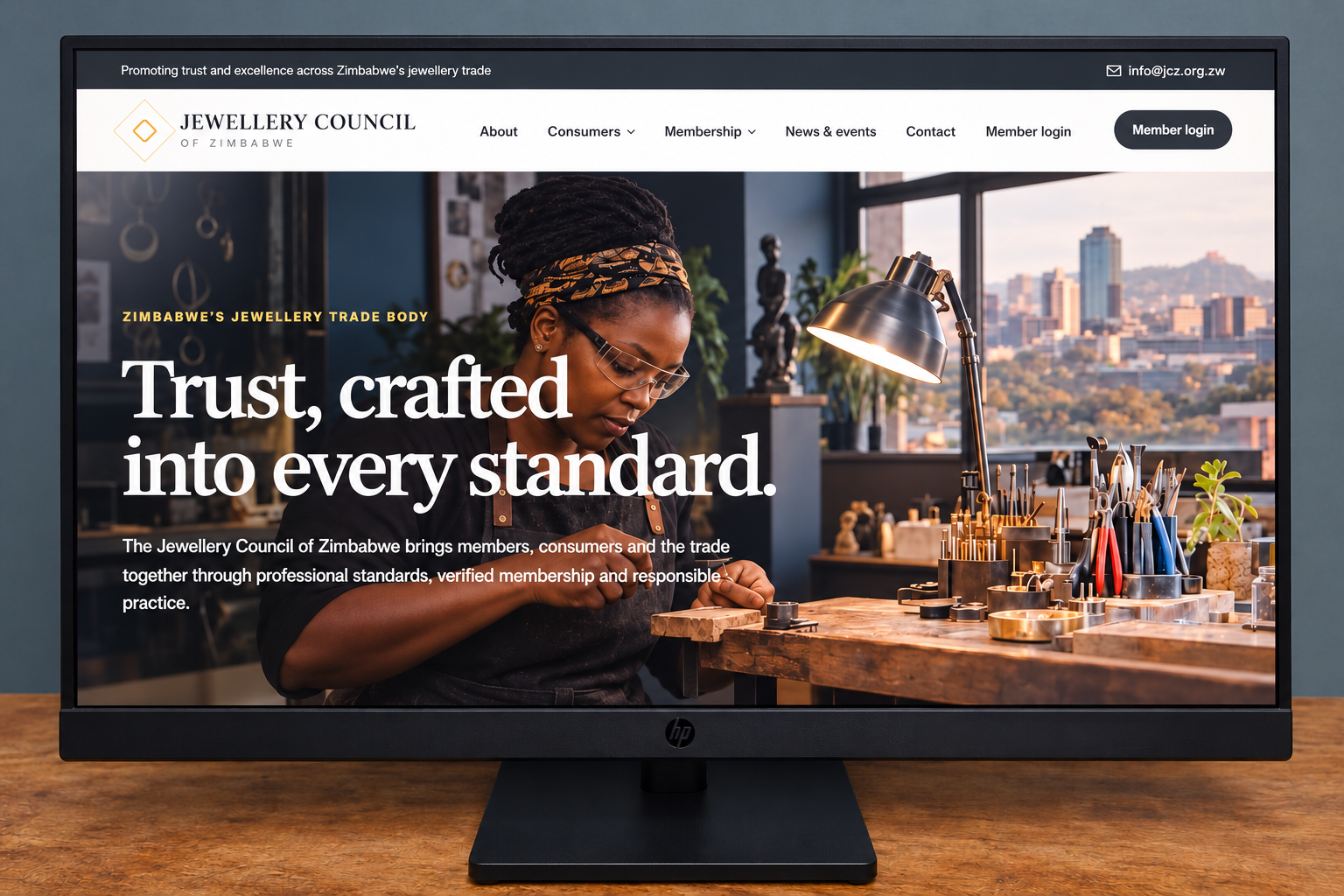 Enhanced project photograph of the Jewellery Council of Zimbabwe website displayed on a desktop monitor